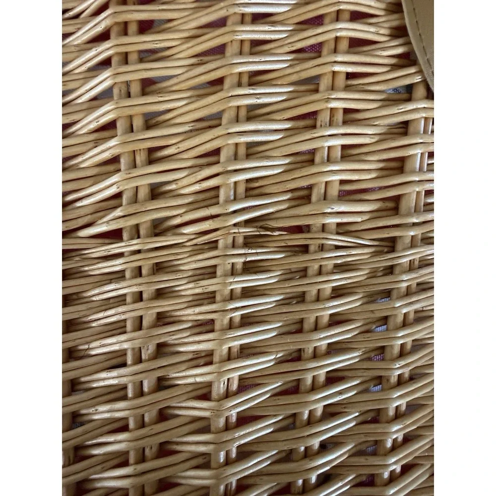 Vintage Woven Cane Oval Basket Apple Vinyl Liner Faux Leather Handles 90's EUC